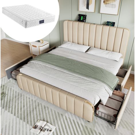 Letto matrimoniale 140x200 cm in lino beige con 4 cassetti, USB-C, senza materasso - CHICFURN (1/5)