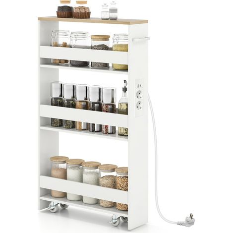 Slim 13cm Storage Trolley with Charging Station, 4-Tier Rolling Kitchen Cart with Handle and Guardrail, White