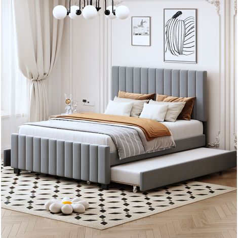 Lit avec 2 tiroirs 140 x 190 cm – avec lit gigogne 90 x 190 cm – Lit rembourré en velours gris – pour chambre enfant adolescent (1/5)