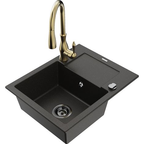 Mexen Enzo 1 Becken-Granitspüle mit Abtropffläche und Mischbatterie Savita, Schwarz/Gold metallisch (1/5)
