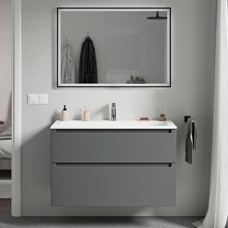 Unterschrank Bernstein VIREO 80 cm mit Mineralguss Waschbecken CREAM - Korpus Anthrazit matt, Waschbecken Weiß matt mit Hahnloch