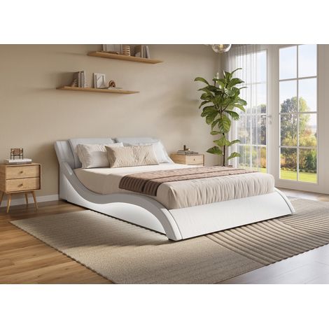 Deco In Paris – Lit adulte en simili cuir blanc 180x200 cm avec éclairage LED – Sommier à lattes en bois arqué – Design moderne et élégant (1/5)