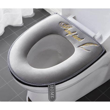Weiche WC-Sitzbezüge mit Griff, weiches und dickes Kissen, waschbar, passend für alle ovalen WC-Sitze, Reißverschluss, grau