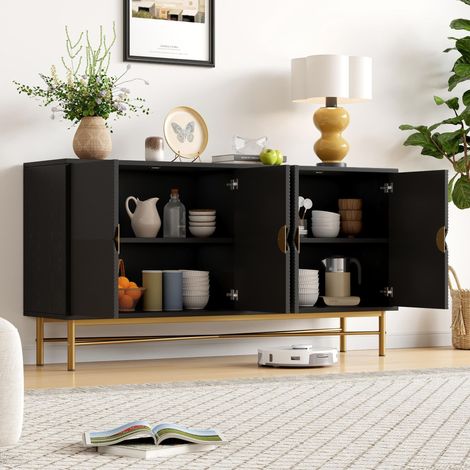 Buffet bas de salon 160x40x82cm, Enfilade design contemporain chic avec 4 portes, Structure robuste en MDF et pieds dorés, Noir (1/5)