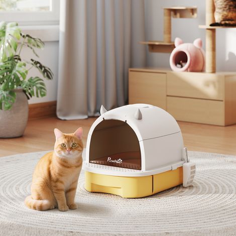 Katzentoilette mit geschlossener Schale, Tragegriff und durchsichtiger Tür, 40,5 x 52 x 39 cm, gelb