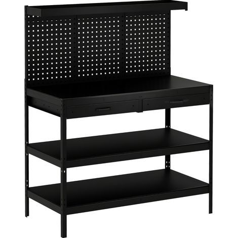 Établi de travail avec panneaux perforés, 2 tiroirs et étagères réglables, structure acier robuste, plan MDF mélaminé, 122 x 61 x 156 cm, noir  CHICFURN (1/5)