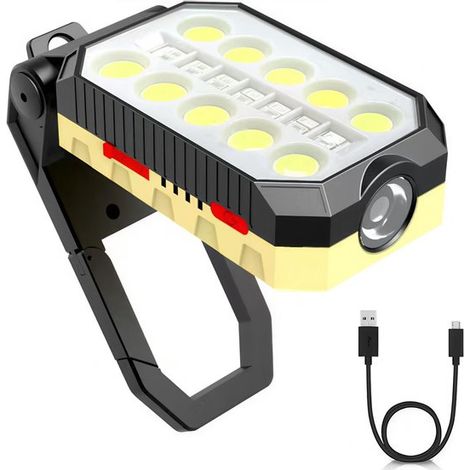 Linterna de trabajo LED portátil, magnética y recargable con gancho, indicador de batería, imán potente, 4 modos de iluminación y modo linterna. (1/5)
