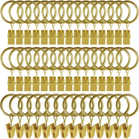 45 anelli per tende con clip - Oro, clip per tende solide, ganci di fissaggio per asta a tensione, ganci decorativi per tende e telai di finestre con foro in metallo (1/5)