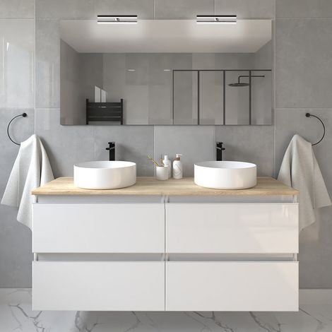 Meuble de salle de bain avec vasques rondes - blanc - BALEA et miroir avec appliques - 120cm (1/5)