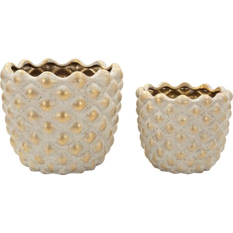 Set de 2 Jarrones Taiping, Relieve Geométrico, Estructura Dorada, Diámetro Grande: 14 cm, Pequeño: 9 cm, Beige (1/5)