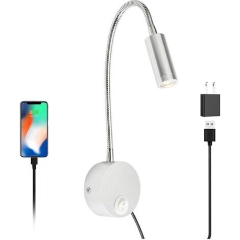 2pcs Lampe de lecture à tuyau assorti, meuble de chevet 3W, avec port de chargement USB, projecteur de lecture, lampe de lecture for canapé(White light)
