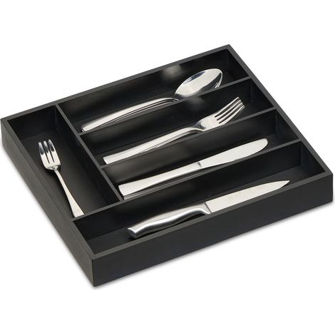 Relaxdays Bamboo Cutlery Tray, 5 Compartments, HWD: 5 x 34 x 30 cm, Kitchen Drawer Insert, Silverware Organiser, Black (1/5)