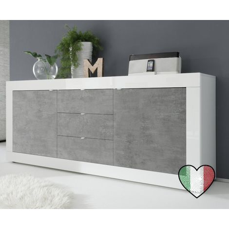 Credenza moderna bassa da soggiorno Bianco laccato lucido, 2 ante e 3 cassetti color Cemento - Basic (1/4)