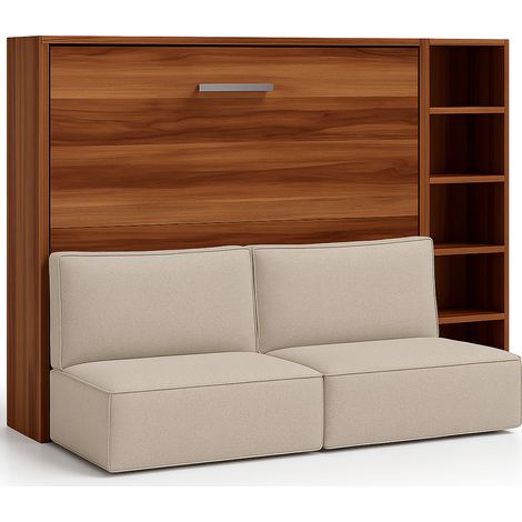 Lit escamotable horizontal LOGIA lit+canapé+étagère Beige-120x200-Canapé Beige-Structure Noyer-Version lit+canapé+étagère (1/5)