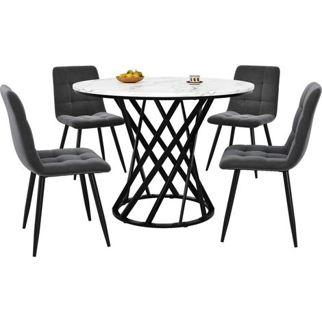 Ensemble table à manger 5 pièces, ensemble moderne de table à manger avec 4 chaises, ensemble table de cuisine, table ronde de cuisine de 80 cm de diamètre avec pieds en métal noir, plateau en MDF bla