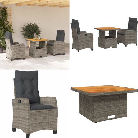 3-tlg. Garten-Essgruppe mit Kissen Grau Poly Rattan - Gartentisch - Relaxsessel