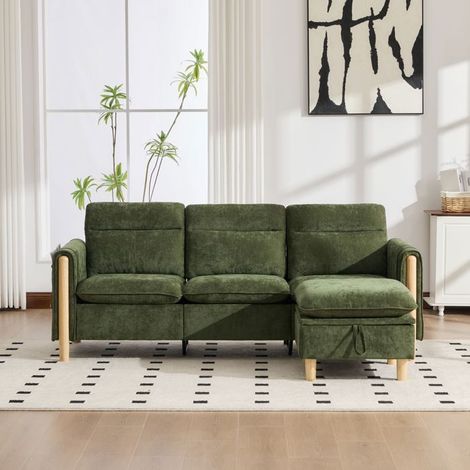 Canapé d'angle style nordique pouf de rangement poches latérales pieds en bois revêtement en tissu chenille verte (1/5)