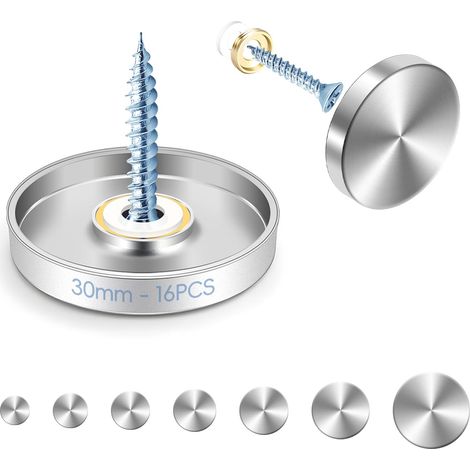 30 mm Vis à Miroir 16 Pièces Cache Vis Inox Clous Cache Acier Inoxydable avec Capuchons Décoratifs et Rondelles pour Miroirs Plaques de Bain Douche Armoires Tables Panneaux en Verre Meubles (1/5)