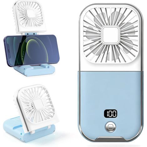 Mini Ventilateur Portable- Silencieux,  4 Vitesses, avec Batterie 3000mAh Affichage Numérique, pour Maison, Extérieur- Blanc et bleu (1/5)