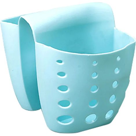 (BLEU CIEL) Organisateur d'évier double avec panier, porte-ustensiles, porte-savon et porte-éponge, accessoire de rangement pour évier de salle de bain. (1/5)