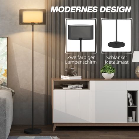 Lampadaire sur pied avec abat-jour bicolore, interrupteur au pied, structure en métal noir