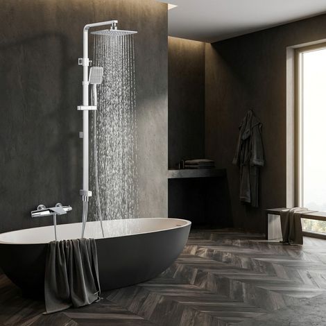 Colonne de Douche Chromé avec Mitigeur Thermostatique Cascade, Ensemble de Doche pour Baignoire, Set de Douche Hauteur Réglable Corps en Laiton (1/5)