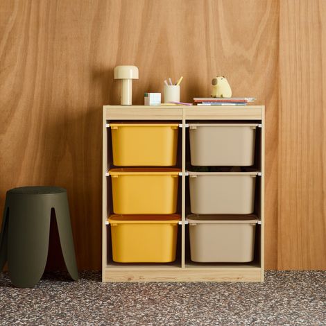Meuble de rangement enfant 6 bacs de rangement en plastique moutarde taupe - Sora