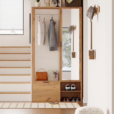 Armadio guardaroba da ingresso 100x33x190 cm naturale in truciolato con specchio, appendiabiti e 9 vani (1/5)