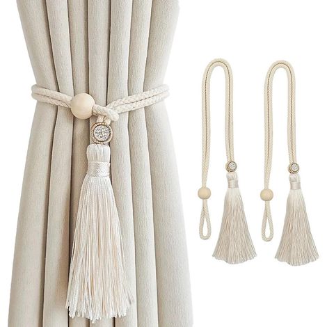 2 Pièces Embrasses de Rideaux, Coton Naturel, Boucle en Cristal Réglable, Pendentif Pompon, Style Bohème pour Salon Chambre
