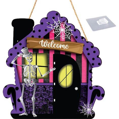 Halloween-Baumschmuck, klassischer Halloween-Türhänger mit Totenkopf und Kürbis Holzhaus in Fahrzeugform, Dekoration für die Holzeingangstür (1/4)