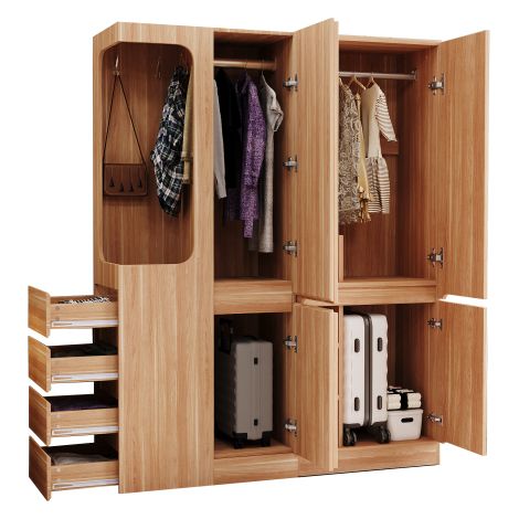 Grande armoire (140 x 40 x 170 cm) avec tiroirs, compartiments de rangement, espace penderie ouvert et espace de rangement supplémentaire finition effet bois (côté gauche). (1/5)