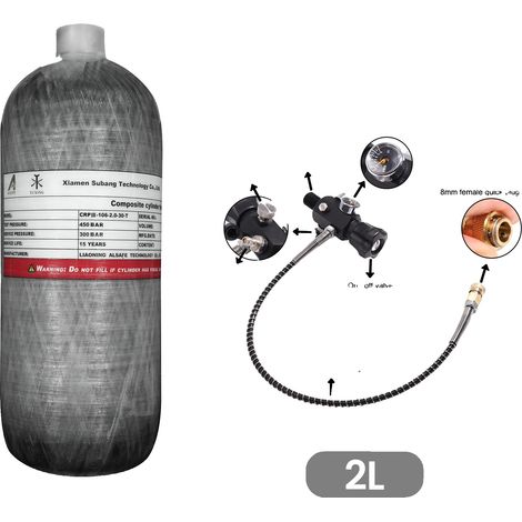 Cylindre, Matériau en Fibre de Carbone, Pression de 300 BAR, 2L avec valve (1/2)