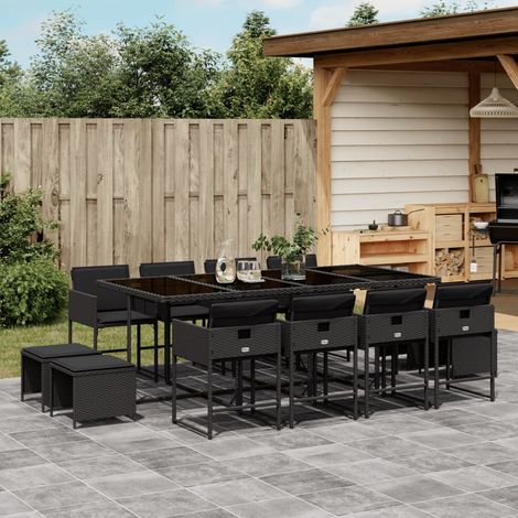 Set comedor de jardín con cojines 13 pzas ratán sintético negro vidaXL