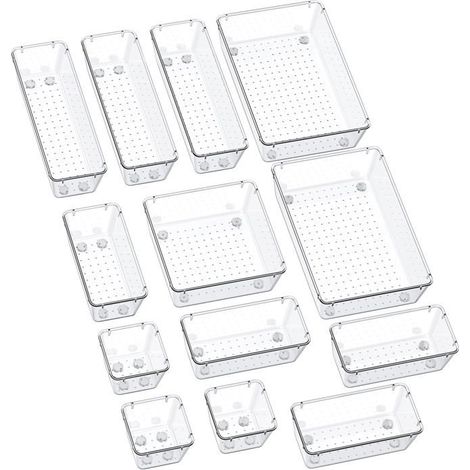 BelleRise - Organisateur de tiroir 13 pièces avec tapis en silicone antidérapant, taille 5, pour bureau et salle de bain, transparent. (1/5)