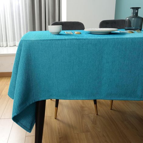 Nappe en lin 140x240 cm rectangulaire lavable bleu pour cuisine & extérieur
