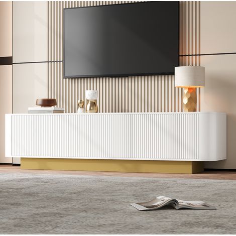 MODFU – Mueble TV 170x40,5x47 cm de MDF/aglomerado con 3 puertas, estante regulable, pasacables y esquinas redondeadas para salón – Blanco (1/5)