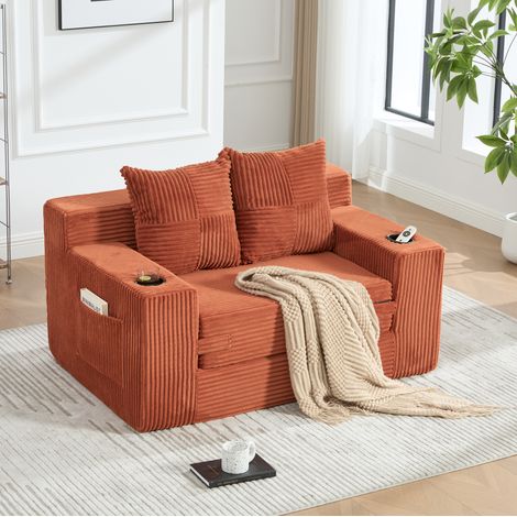 Sofá de 2 plazas de pana naranja con puf, bolsillos laterales y portavasos - CHICFURN (1/5)