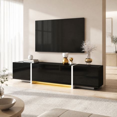 Mueble TV 170 x 30 x 39 cm con almacenaje, LED, puertas y cajón, blanco y negro DESVIAE (1/5)