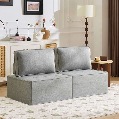 Fauteuil modulable gris clair en tissu lin, canapé 1 place compact sans accoudoirs, siège lounge rembourré, fauteuil salon chambre, design minimaliste (1/5)