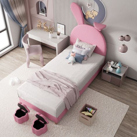 Cama juvenil tapizada 90/200 cm rosa de terciopelo con orejas plegables, LED y 2 bancos con almacenaje (1/5)