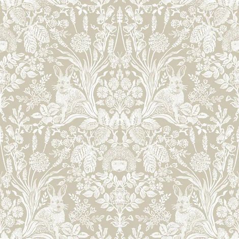 Holden Decor Harlen Beige Wallpaper Floral Flowers Rabbit Hedgehog Naturistic (1/4)