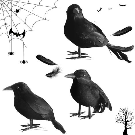 3 Pièces Corbeaux Noirs à Plumes pour Halloween, Corbeaux Noirs Artificiels, Corbeau d'halloween Décoration, Corbeau Artificiel Réaliste, Horreur Déco d'halloween Extérieur Prank Décoration de Fête (1/5)