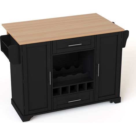 Îlot de cuisine mobile avec plateau rabattable, rangement pour vin et porte-serviettes, 138x45(70)x92 cm, noir (1/5)