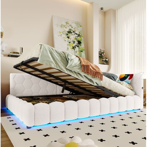 Diván cama 140/200 cm blanco de terciopelo sintético con arcón hidráulico, LED y USB-C (1/5)