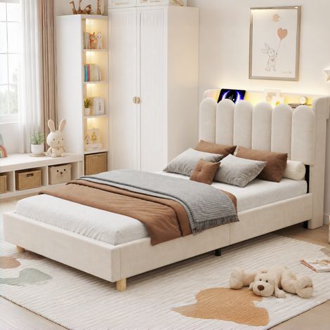 Cama infantil 90 x 200 cm de terciopelo con somier, cabecero, USB y Type-C HAVRYA (1/5)