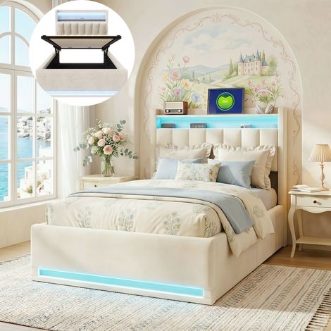 Lit coffre 90x200 cm, lit 90x200 cm, avec éclairage LED orientable, chargement USB, tête de lit rabattable rangement, velours, rangement hydraulique, sommier à lattes, Beige (1/5)