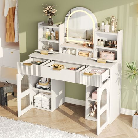 MEUBLIV Coiffeuse blanche 120x40x139,5 cm – LED, miroir, 3 tiroirs, 2 vitrines (1/5)