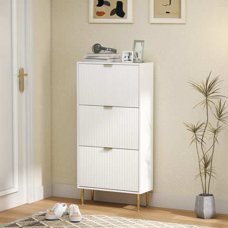 Scarpiera stretta con 3 ante scanalate e ripiani regolabili per 18 paia di scarpe, 60x24x128 cm, bianca