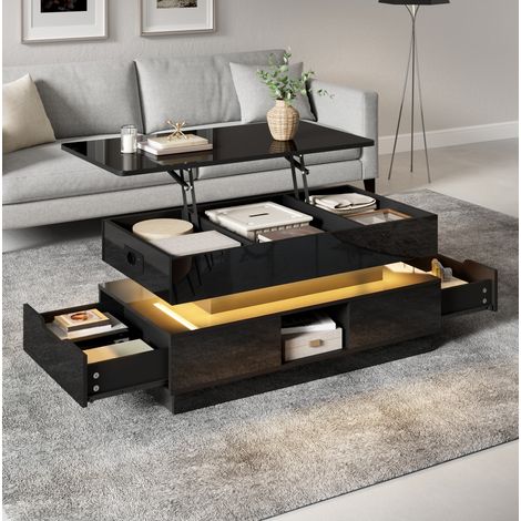 Mesa de centro 90x48x42.5 cm negra en MDF con tablero elevable, LED, enchufe y almacenaje (1/5)