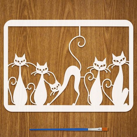Pochoirs de Peinture à Motifs de Chats Mignons Avec Pinceau 21x29.7cm Pochoir Silhouette de Chat Modèle de Dessin Motif Queue de Chat Pochoir à Thème Animal Creux pour Bois Tissu (1/5)